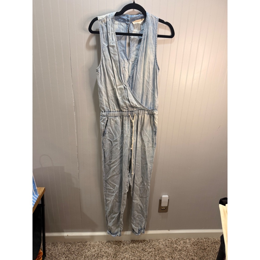 Lovestitch Light Wash Denim Chambray Jumpsuit Sleeveless Wrap Front Small